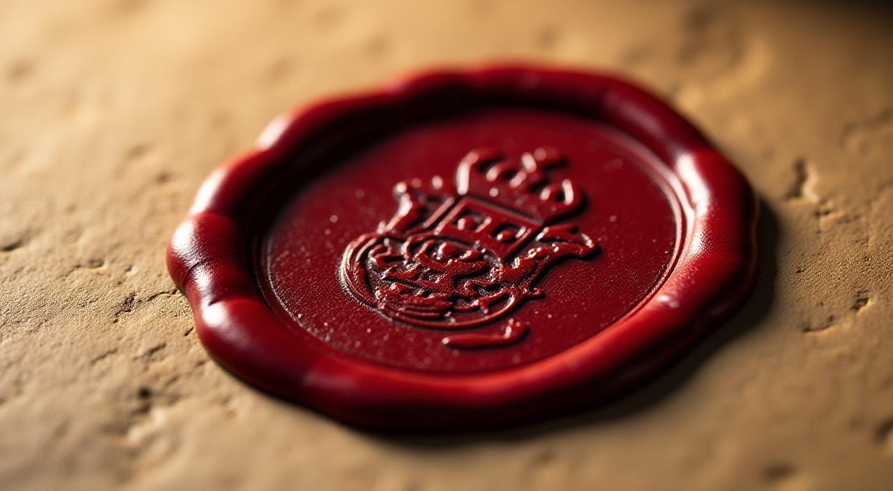 Close-up of a deep crimson wax seal on an antique parchment document